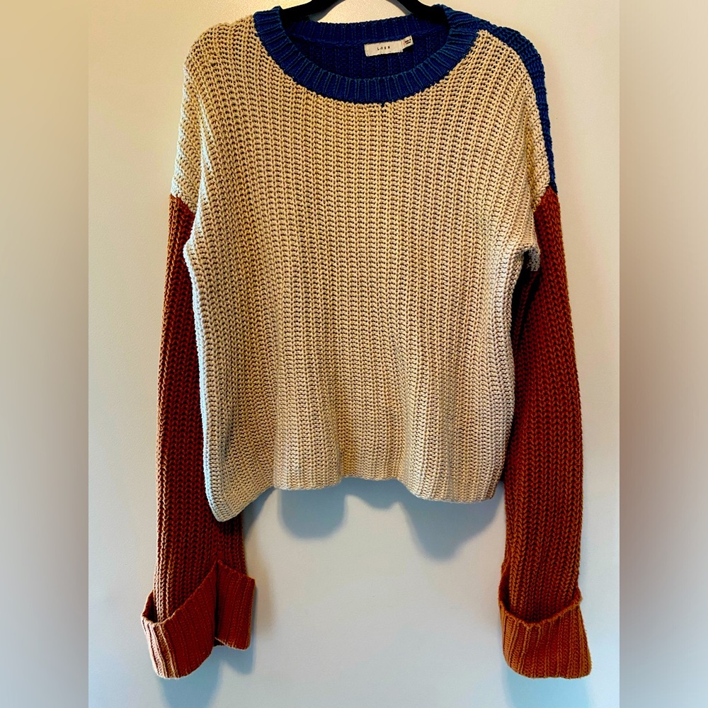 Lush Womens Colorblock Crew Neck Long Sleeve Casual Knitted Pullover Sweater M
